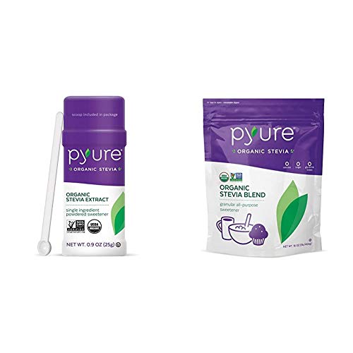 Pyure Organic Stevia Sweetener Extract Powder- 100% Stevia Leaf Extract, 1,000 Servings, 0.9 Ounce & Organic Stevia Sweetener Blend, 2:1 Sugar Substitute, Granular All-Purpose, 1 Pound (16 Ounce)