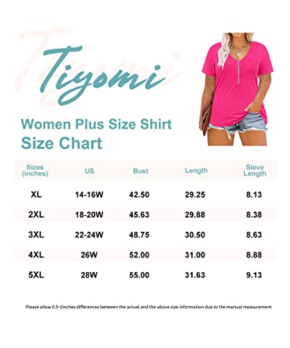 Tiyomi Women Plus Size Tops Zipper Adjustable Zip Short Sleeve V Neck Raglan Plain Solid Color Summer Sexy Cleavage Casual Loose Fit Tunic Tops Hot Pink Xl 14 16 Plus #TOP1