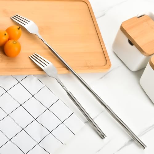 2 PCS Extendable Fork for Jokes, Expandable Forks, Extended/Extending/Extend, Extension from 8.7" to 25.4" Long, Stainless Steel Telescopic/Telescoping/Retractable Dinner Fork. Silver - 5