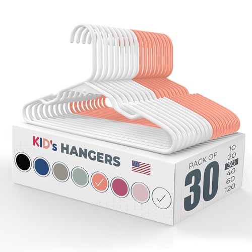 Neaties Plastic 12” Kids Hangers 30 Pack – Made in the USA – 5lb Capacity Baby & Toddler Clothes Hangers with Notches & Reinforced Edges – Fits Children’s Sizes Up to 8 – White & Peach