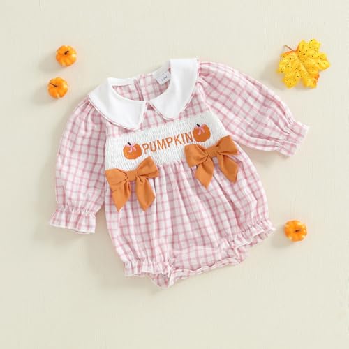 Baby Girl Halloween Outfit Pumpkin Long Sleeve Bubble Romper Bow Plaid Smocked Bodysuit Cute Newborn Fall Clothes4