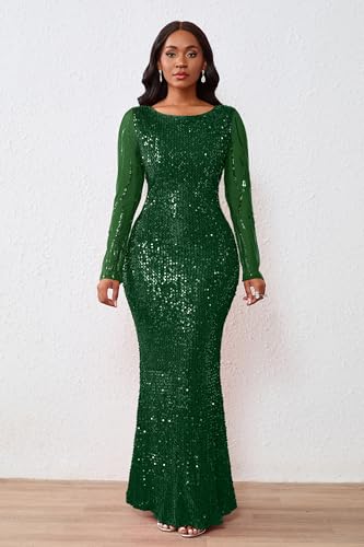 Image of VERWIN Women's Sequins Bodycon Round Neck Long Sleeve Sparkly Mermaid Maxi Dress for Casual Party Cocktail