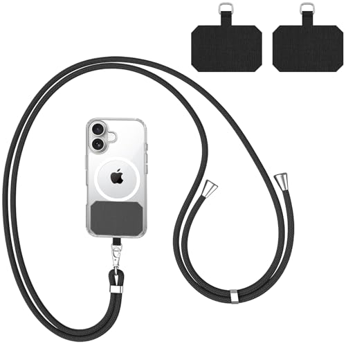 Wanme - Wanme Cordon Telephone Portable avec 2 Patchs Noirs Durables, Universelle Cordon Telephone Compatibles avec Smartphone, Réglable et Amovible, Noir