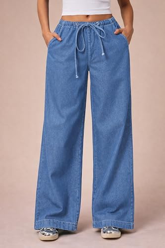 Image of London Hills Jeans for Woman | Wide Leg Jean for Women | Women's Wide Leg Denim Pants | Elastic Waist Drawstring Jeans for Women | Loose Fit Casual Palazzo Trousers | Woman Jean's Pant