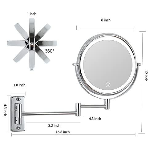 Erlingeryi Led Wall Mounted Lighted Makeup Mirror 10X Magnifying Mirror Double Sided With 3 Color Lights, Touch Screen Dimming, Extension Bathroom Vanity Mirror 8 Inch (Chrome, 10X) #TOP1