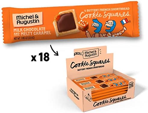 Michel et Augustin Gourmet Chocolate Cookie Squares | Individually Wrapped European Cookie Bars | Milk Chocolate & Caramel | 18-Bar Pack | 4 French Shortbread Cookies per Bar