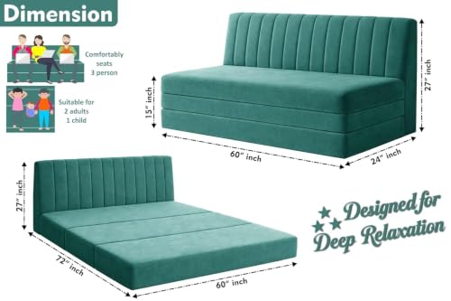 Image of Rosebell -3 Seater Upholstered Armless Sofa Cum Bed with Backrest | Velvet Fabric Finish | Modern Living Room & Bedroom -Green