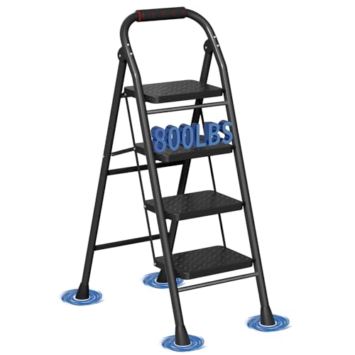 4 Step Ladder, Foldable Step Stool with Wide Anti-Slip Pedal & Thick Rubber Feet, Cushioned Handle, Safe-Lock Design, Folding Portable Ladder for Multi-Purpose, 800lb, Black by ROCELIA - Used condition - US$65.13