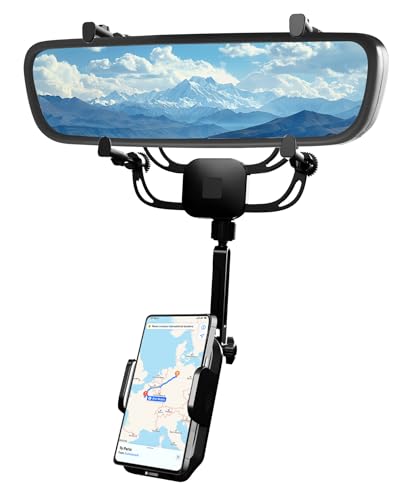 Rear View Mirror Phone Holder – Solid Metal Arm Car Phone Mount, Universal Fit for iPhone & Android, Foldable 360° Rotation Clip, Sleek Hands-Free Design Stable Mount for Navigation & Calls