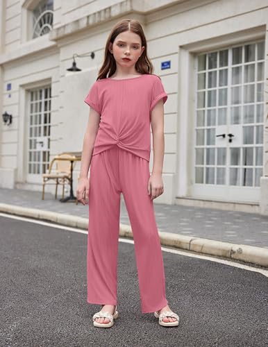Image of Arshiner Girls Summer 2 Piece Outfits Ribbed Short Sleeve Twist Front Tops and Wide Leg Pants Kids Loungwear Set Tracksuit