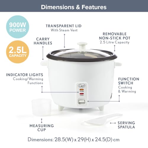 Quest 1.8 Litre Rice Cooker/Up To 9 Servings/Food Warmer Function/Non-Stick Inner Pot/Clear Viewing Lid/With Spoon & Measuring Cup / 700W (35550) - Image 4