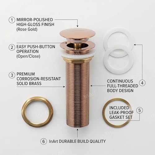 Image of InArt Pop-up Brass Basin Drainer /Waste Coupling /Waste Kit for Bathroom Wash Basin /Vessel Sink 5 Inch Brass Full Threaded Pop Up Waste Coupling 32 MM (Rose Gold Color)
