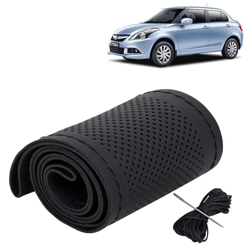 Image of KINGSWAY PU Leatherite Car Steering Cover Sewable Compatible with Maruti Suzuki Swift Dzire (Year 2012-2017), Black Color with Black Thread, Pack of 1 with Sewing Needle and Thread