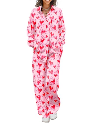Image of Ekouaer Womens Satin Silky Pajama Set 2 Piece Print PJs Soft Loungewear Button Down Sleepwear with Elastic Waist Long Pants