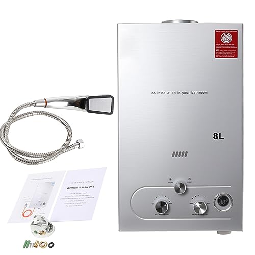 CDZHLTG Chauffe-Eau à Gaz Instantané Propane, 16KW Chauffe Eau Gaz Instantané à Gaz Usage Familial, Chauffe-eau À Gaz sans Réservoir 8 Litres au GPL avec kit de Douche(Argent)