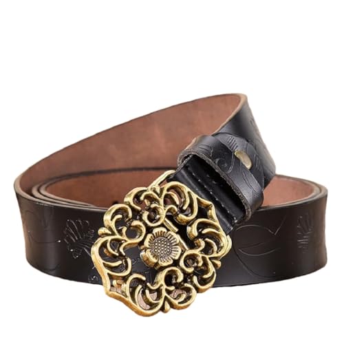 Women’S Casual Split Leather Pin Buckle Belt Vintage Printed 3.3Cm Waistband For Jeans Trousers