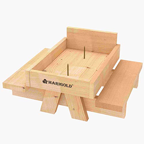MARIGOLD Cedar Chipmunk Squirrel Feeder - Outdoor Squirrel Picnic Table Feeder with Apple or Corn Cob Holder, Squirrel Food Bench Feeding, Squirrel Munch Box Feeder Installed on Fence or Tree