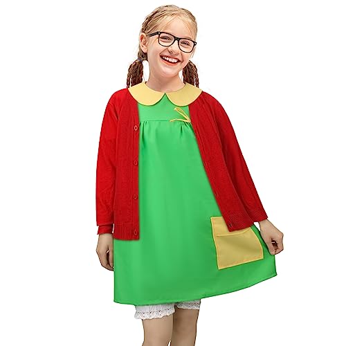 Women Girls Costume Green Dress Red Knit Cardigan Shorts Glasses Full Set Halloween Cosplay Outfit (140)