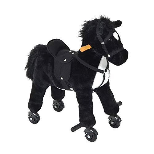 Qaba Kids Interactive Plush Mechanical Walking Ride On Horse Toy with Wheels, Black