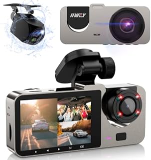 IIWEY T2 PRO 3 Channel Dash Cam Front and Rear Inside, 1080P Dash Camera for Car with 4 IR Lamps, Three Way Car Camera Super Night Vision,2.5 Inch LCD, Parking Monitor, G-Sensor, USB C, Loop Recording