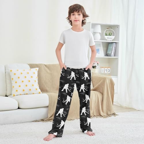 image for Pfrewn Boys Pajama Pants White Hockey Players on Black Lounge Pants Su
