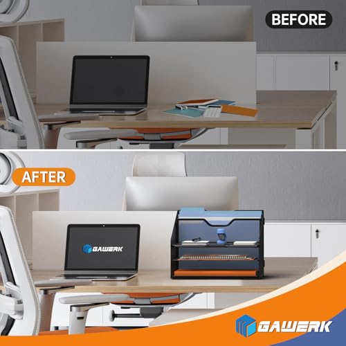 GAWERK Letter Tray Organizer, Mesh Desk File Organizer with 3 Paper Trays and 2 Vertical Upright Section, Blank - Image 6