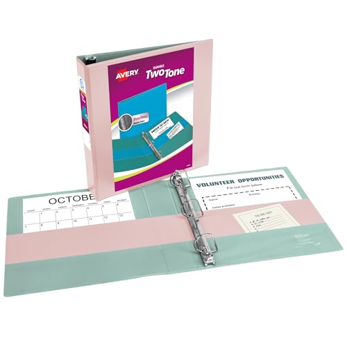 Image of Avery Two-Tone Durable View 3 Ring Binder, 1.5 Inch Slant Rings, Blush /Sage Binder (17234)