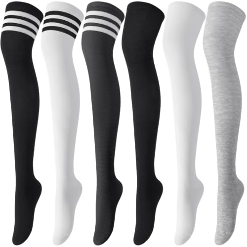 Trifabricy 6 Pairs Thigh High Socks for Women, Warm Winter Over Knee High Socks, Extra Long Striped High Boot Stockings for Daily Wear, School, Travel, Cosplay