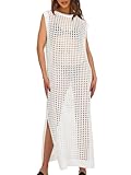 Saodimallsu Womens Crochet Swimsuit Coverup Summer Sleeveless Hollow Out Knit Crewneck Side Split Long Beach Dress White