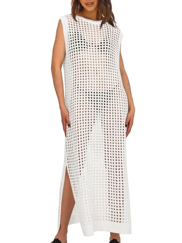 Saodimallsu Womens Crochet Swimsuit Coverup Summer Sleeveless Hollow Out Knit Crewneck Side Split Long Beach Dress