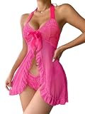 Foxiny Sexy Halter Open Front Ruffle Sheer Mesh Lace Babydoll Lingerie Dress with Thong 2 Piece Women See Through Panty Chemise Negligee Hot Pink Small