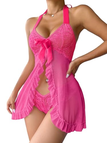Image of Foxiny Sexy Halter Open Front Ruffle Sheer Mesh Lace Babydoll Lingerie Dress with Thong 2 Piece