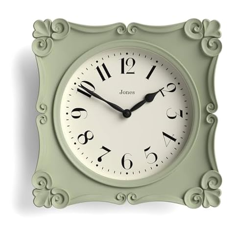 JONES CLOCKS® Rialto Wall Clock | Ornate Vintage Style Square Clock | 10 inch | Sage Green | Ideal for The Living Room or Bedroom Cover