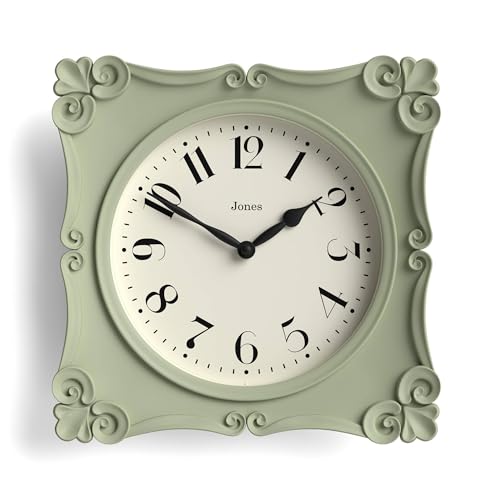 JONES CLOCKS® Rialto Wall Clock | Ornate Vintage Style Square Clock | 10 inch | Sage Green | Ideal for The Living Room or Bedroom