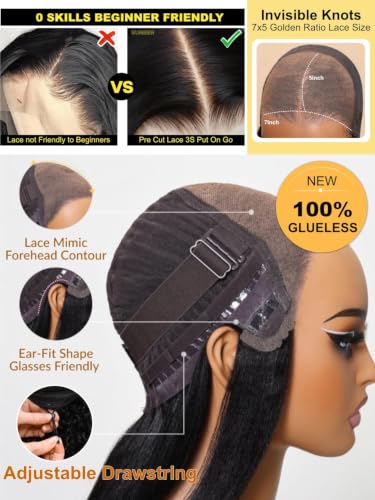 Image of Sunber Yaki Straight Human Hair Bye Bye Knots Pre Cut 7x5 Lace Front Wigs