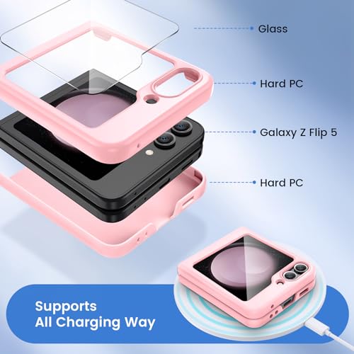 Image of Ruky for Samsung Z Flip 5 Case, Hard PC Ultra Slim Shockproof Protective Cover, Support Wireless Charging Phone Case Girls Women Full Body Covers for Samsung Galaxy Z Flip 5, Pink