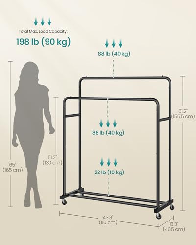 SONGMICS Clothes Rack, Garment Rack on Wheels, Coat Rack, 2 Lockable Wheels, Bedroom, Double Rods, Holds up to 90 kg, 46.5 x 110 x 155.5 cm, Ink Black HSR017BH01 - Image 4