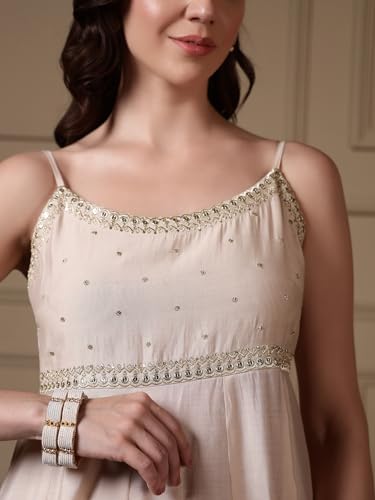 Image of FIORRA Women Off-White Viscose Chanderi Embroidered A-Line Kurta Set with Dupatta