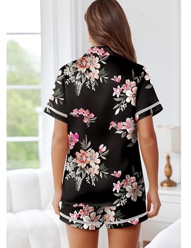 Image of Ekouaer Womens Silk Pajama Sets Button Up Satin Pjs Short Sleeve 2 Piece Pj Sets Cute Lounge Sets with Chest Pocket