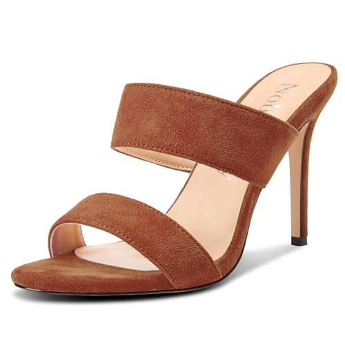 Image of NobleOnly Womens Round Open Toe Heeled Sandals Two Strap Stiletto High Heel Sandals Backless Dress Slip-on Mules Sandals 3.9 Inches Heels