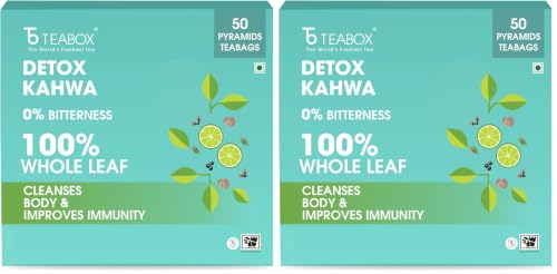 Image of Teabox Detox Kahwa Herbal Tea | 50 Biodegradable Teabags | 8 Natural Ingredients | Supports Body Detox & Healthy Digestion | 0% Bitterness | Caffeine-Free Wellness Brew (Pack of 2)
