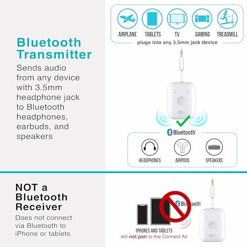 Image of MEE Audio Connect Air in-Flight Bluetooth Wireless Audio Transmitter, with Extra Dual 3.5mm Jack AUX Adapter, for up to 2 AirPods /Other Headphones; Works with All 3.5mm Aux Jacks, White