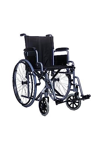 SPES - Sedia a rotelle pieghevole - carrozzina per anziani e disabili - in acciaio con braccioli e poggiapiedi estraibili e freni di stazionamento - Portata 115 Kg, colore grigio, 46 cm