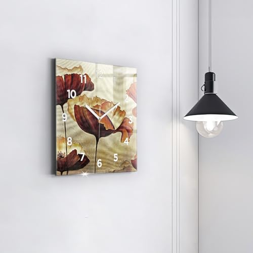 Horloge murale carrée 30x30 cm Wallfluent à motif coquelicots peints