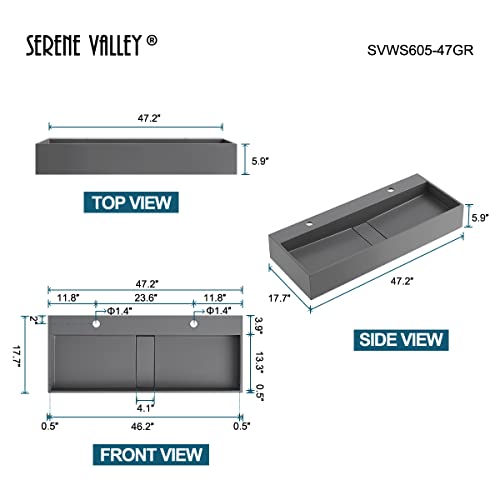 Serene Valley 47" Floating Or Countertop Bathroom Sink, Double Faucet Holes With Hidden Drain, Solid Surface Material In Matte Gray, Svws605-47Gr #TOP1