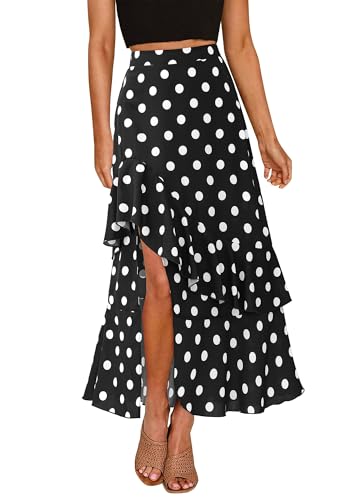 BTFBM Women 2025 Summer Fall Boho Long Skirts Dress Floral Print Elastic Waist Split Ruffle High Low Beach Maxi Skirt(Polka Dot Black, Small)