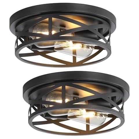 DOXVIEZE 2-Pack Close to Ceiling Light Fixtures, 11 Inch Farmhouse Flush Mount Ceiling Light 2-Lights, Black Industrial Metal Cage Semi Flush Mount Ceiling Light for House Hallway Kitchen Bedroom Cover