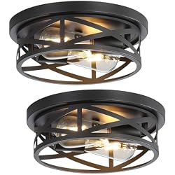 DOXVIEZE 2-Pack بالقرب من تركيبات إضاءة السقف ، 11 بوصة مزرعة تدفق تدفق ضوء السقف 2-Lights ، أسود قفص معدني صناعي شبه تدفق جبل ضوء السقف لغرفة نوم مطبخ المدخل