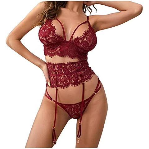 Women Sexy Lingerie Set with Garter Belts Lace Underwire 3 Piece Bra and Panty Sets Babydoll Bodysuit Cover