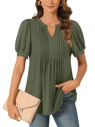 Listado de Ropa Blusas Top 10. 43 Anyally - Blusa informal de manga corta abombada para verano, primavera, para el trabajo, 16-verde oliva, XX-Large